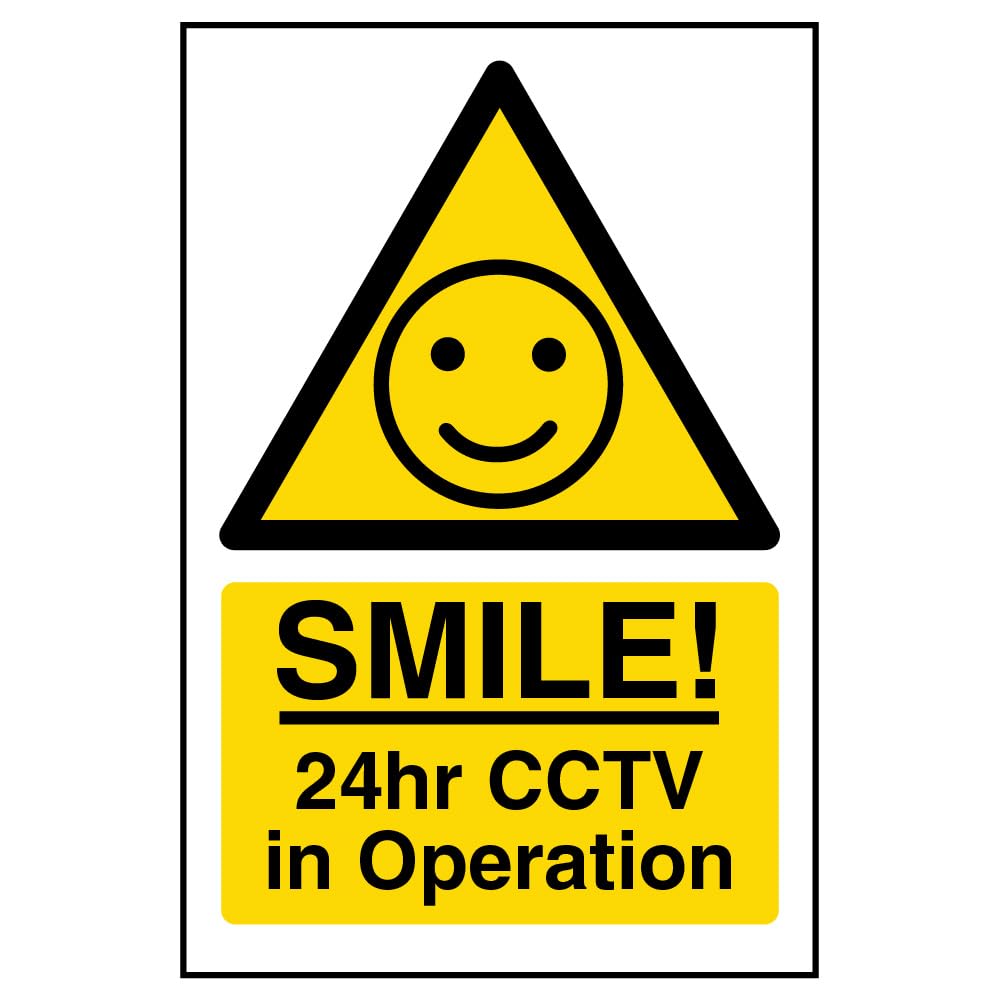 V Safety Smile! 24Hr CCTV In Operation Sign - 100mm x 150mm - Self Adhesive Vinyl