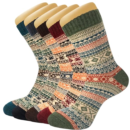 LWWTBS Womens Wool Socks 5 Pairs Warm Winter Knit Wool Soft Vintage Casual Crew Socks Stocking Stuffers Gifts for Women Men
