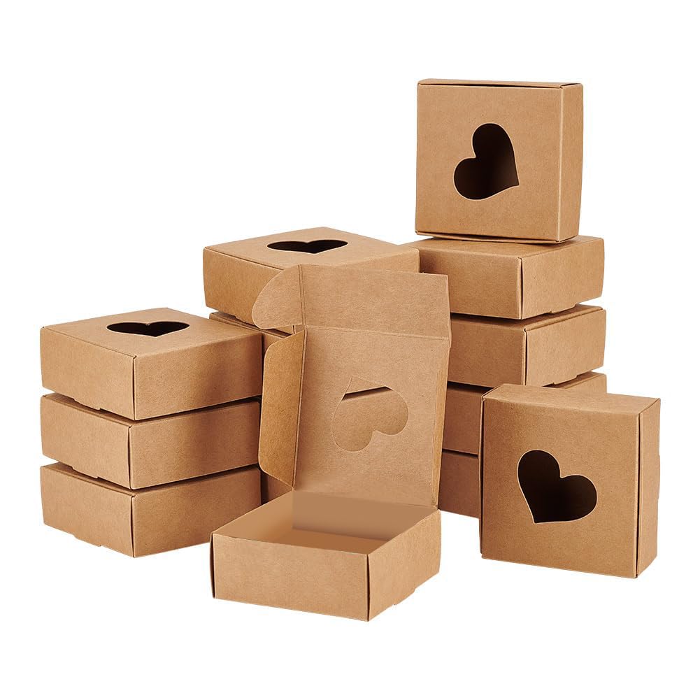 BENECREAT 30 Packs Kraft Paper Boxes with Heart Shape Window(No Film) 7.65x7.75x3.1cm Cardboard Gift Boxes for Party Favor Treats and Jewelry Packaging