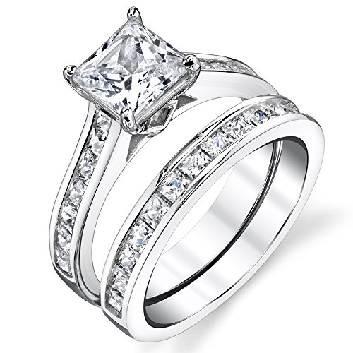Sterling silver princess cut bridal set engagement wedd…