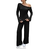 Tankaneo Womens Off the Shoulder 2 Piece Outfits Sweater Sets Bell Sleeve Tops Pants Casual Trendy Matching Lounge Sets