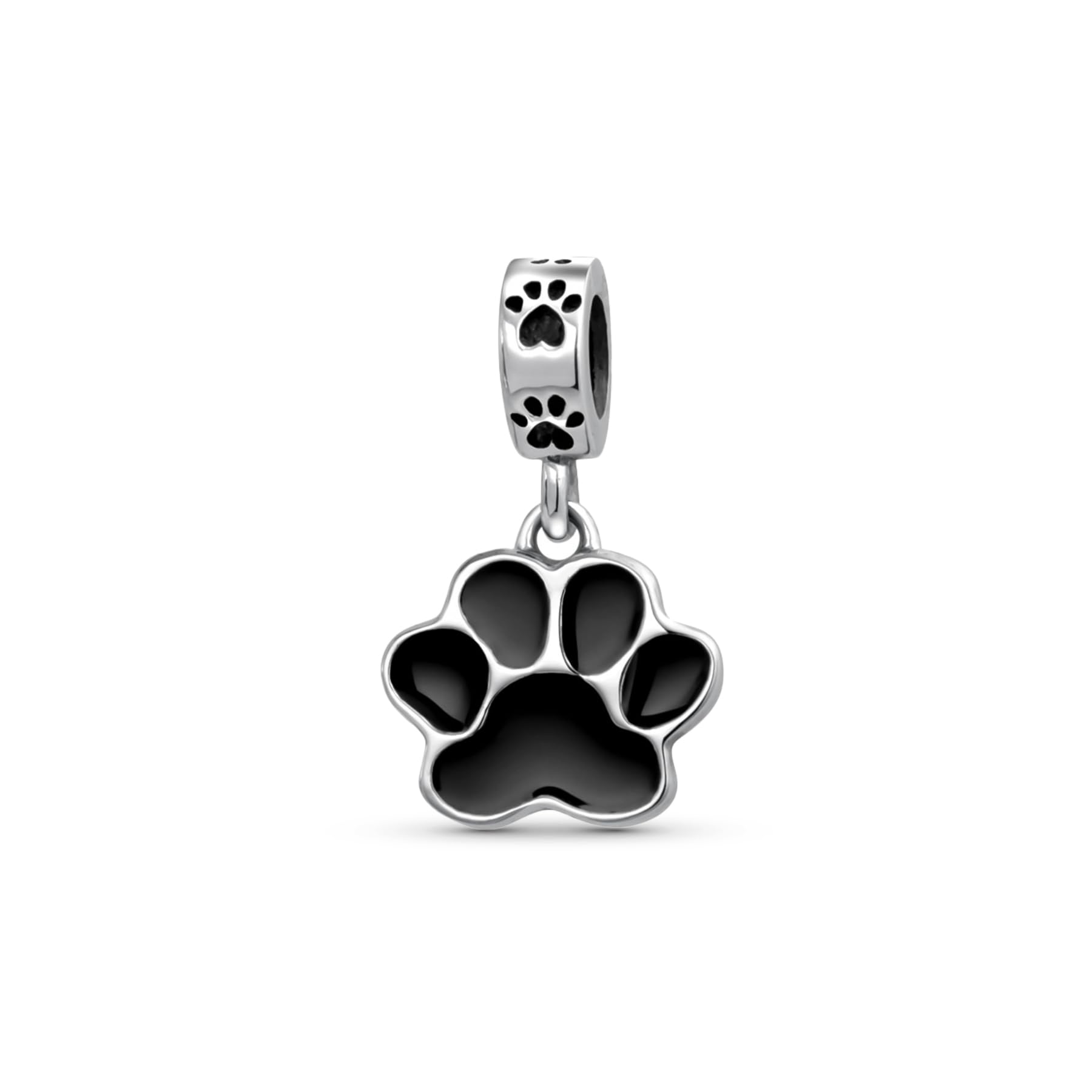 Bling Jewelry BFF Pet Animal Lover Black Dog Cat Puppy Kitten Paw Print Dangle Charm Bead Women Teen Enamel .925 Silver Fits European Bracelet