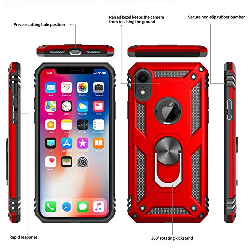 LeYi Compatible for iPhone XR Case with Tempered Glass Screen Protector [2 Pack], [Military-Grade] Defender Protective Phone Case with Magnetic Ring Kickstand for iPhone XR 10 10XR, Red