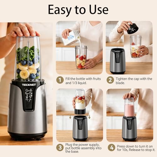 TECKNET Personal Blender Smoothie Maker, 1000W Powerful 25,000PRM, Blends Fruit & Vegetables, 2x600ml Portable Travel Cups with Spout Lids & Handled Ring, Makes Smoothies & Juice, Grey