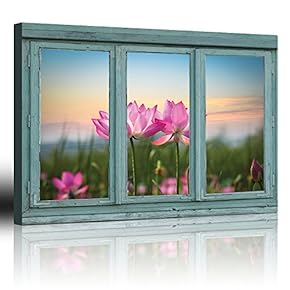 Vintage Teal Window Looking Out Into a Field of Lotus Flowers - Canvas Art Home Art - 24x36 inches
