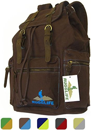 RUGGLIFE Vintage Canvas Backpack (Coffee Brown) Leather Military Rucksack Hiking Daypack Casual