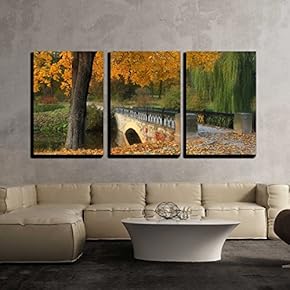 3 Piece Canvas Wall Art - Autumn in Old Park - Modern Home Art Stretched and Framed Ready to Hang - 16"x24"x3 Panels