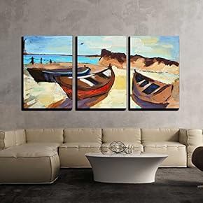3 Piece Canvas Wall Art - Hand-Draw Painting in Gouache. Marine Landscape - Modern Home Art Stretched and Framed Ready to Hang - 16"x24"x3 Panels
