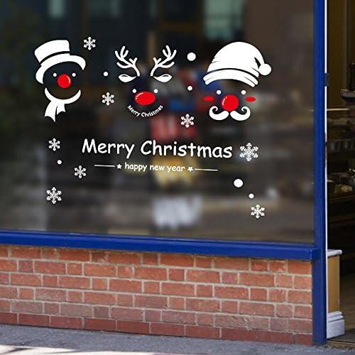 Christmas Window Wall Decals Removable Red Nose Snowan Reindeer Santas Print Mural Clings Vinyl Art (A)