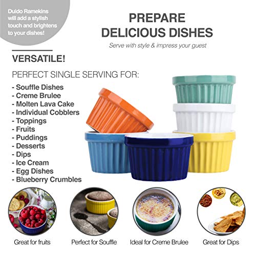 8 oz Ramekins for Baking Set - 6 PACK Souffle Dish Bowls with 6 Spoons Set, Oven Safe Round Ceramic Custard Cups, Dessert, Ice Cream, Creme Brulee, Gratin Dishes, Pot Pie (Multicolor Set) - Thumbnail 3