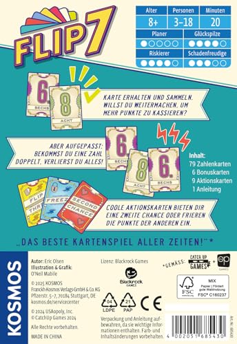Kosmos 685430 Flip 7, deutsche Ausgabe, Kartenspiel mit schnellem und einfachen Black Jack Prinzip, für 3-18 Personen ab 8 Jahren, Spiel für große Gruppen, nominiert zum Spiel des Jahres 2025 2