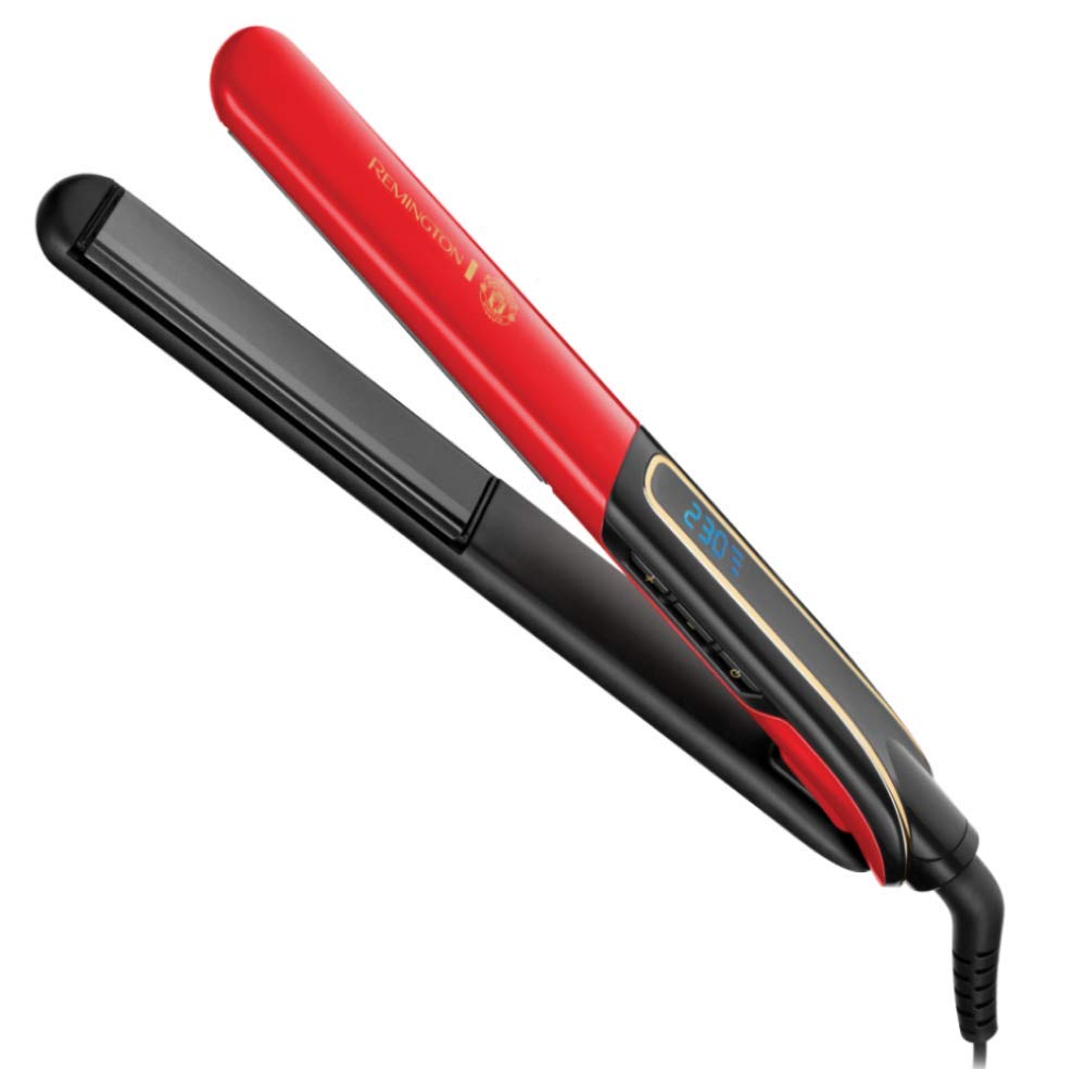 Remington Manchester United Sleek and Curl Expert Ceramic Hair Straighteners Including Heat Mat and Storage Pouch, Black and Red