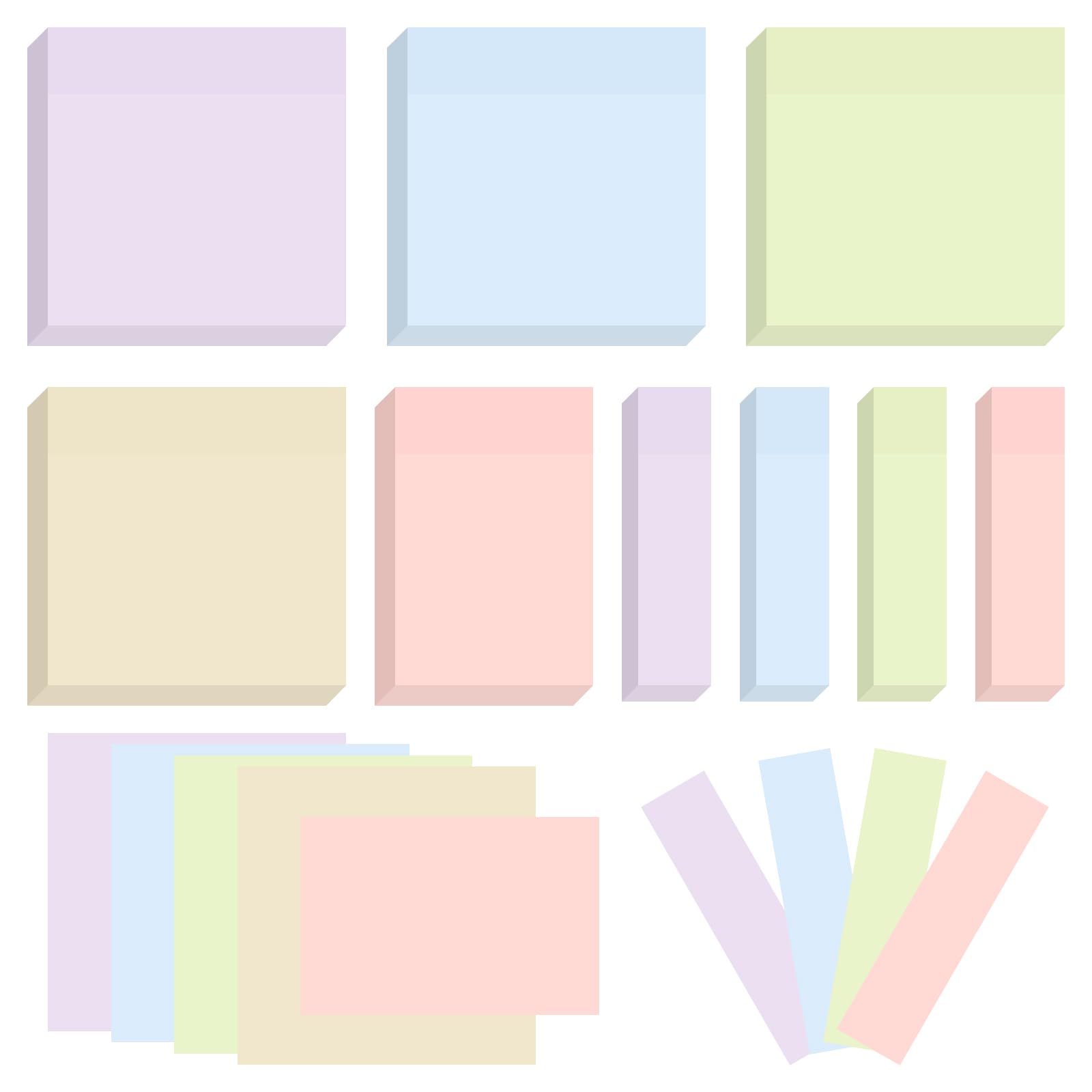 BAYTORY 6 Pads Pastel Sticky Notes, Memo Sticky Note 3 x 3 inch, 3 x 2 inch and 3 x 0.7 inch Colorful Self-Stick Note Easy to Post for Office School Home Study (Morandi)