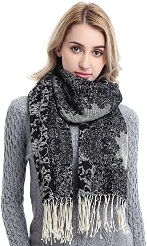 Women's Winter Scarf Tassel Scarf Fashion Long Shawl Big Grid Warm Lace Large Scarf Soft Elegant Long Fashion Wrap Plaid Scarf Black