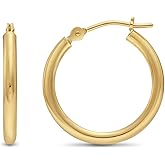 14k Yellow Gold Classic Shiny Polished Round Hoop Earrings, 2mm tube