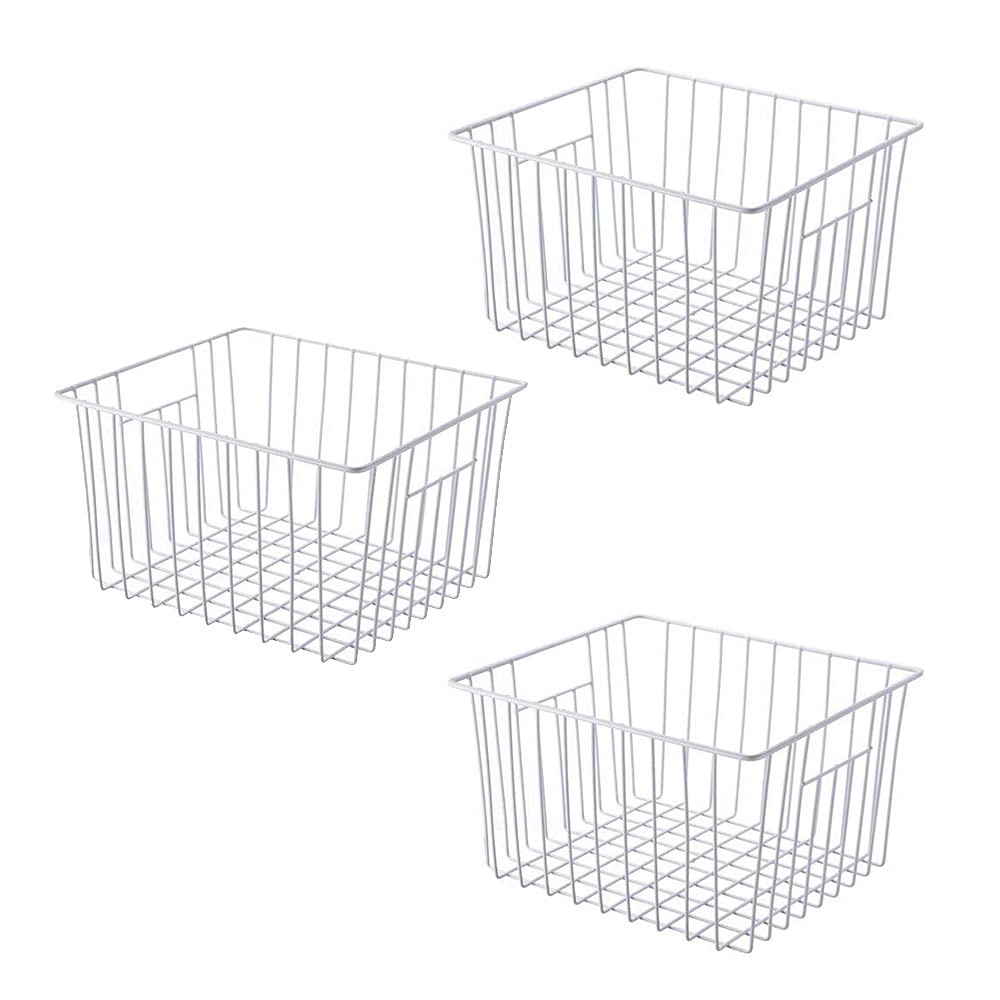 SANNO Freezer Basket Wire Storage Organizer Basket, Farmhouse Refrigerator Bin with Built-in Handles for Organizing Freezer, Cabinets, Pantry, Closets, Bedrooms - Set of 3