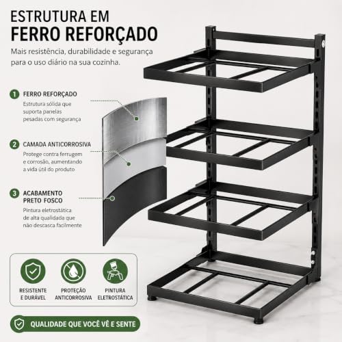 Organizador de Panelas Vertical Ajustável em Ferro – Porta Panelas para Armário de Cozinha | Suporte Modular com Ajuste de Altura para Panelas, Frigideiras e Tampas (4 camadas)