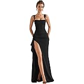 Caviotess Women’s Elegant Square Neck Ruched Formal Maxi Dress Sexy High Split Ruffle Bodycon Long Dress Evening Gown