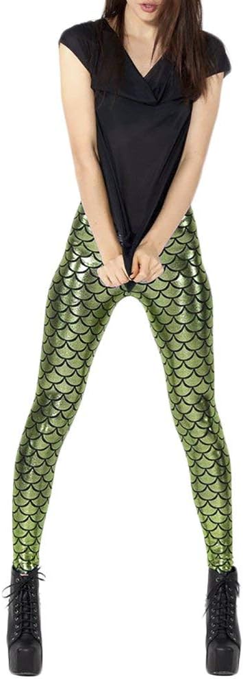ChezAbbey Womens Mermaid Fish Scale Printed Leggings Stretch Tight Pants XS-3XL