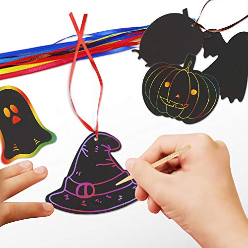 Koogel 48PCS Halloween Scratch Paper, 16 Styles Scratch Halloween Craft Halloween Scratch Art Halloween Craft Kit for Halloween DIY Creation Party Decoration Halloween Handicrafts
