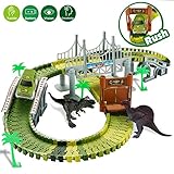 RENWER Dinosaur Toys Create A Road with 142 Pieces Flexible Train Track Playset 2 Dino, Race Track Car Toys for 3, 4, 5, 6 Year Old Boys and Girls Kids Best Gift (Green)