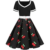 Women Cherry Print 50s 60s Vintage 1950s Cocktail Party Swing Dress Audrey Hepburn Rockabilly Prom Dress Wedding Formal Evening Gown Fit Fared A line Casual Tea Dress for Church/Work Black-Cherry L