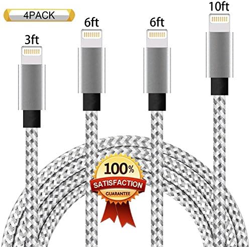 XIANDAN iPhone Cable 4Pack 3FT 6FT 6FT 10FT Nylon Braided Certified Lightning to USB iPhone Charger Cord for iPhone X 8 7 Plus 6S 6 SE 5S 5C 5, iPad 2 3 4 Mini Air Pro, iPod Nano 7 - Grey White
