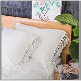 Ivory Pillow Covers Cases Off White Shams with Tassels Boho King Size 20x36 Inch 2 Pieces Pure Cotton Solid