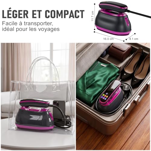 2 in 1 Garment Steamer, 1300 W Portable Garment Steamer, Travel Iron, Multi-Mode Touch Screen, 4 Steams, Dry Ironing + Self-Cleaning, 160 ml Tank Home/Travel
