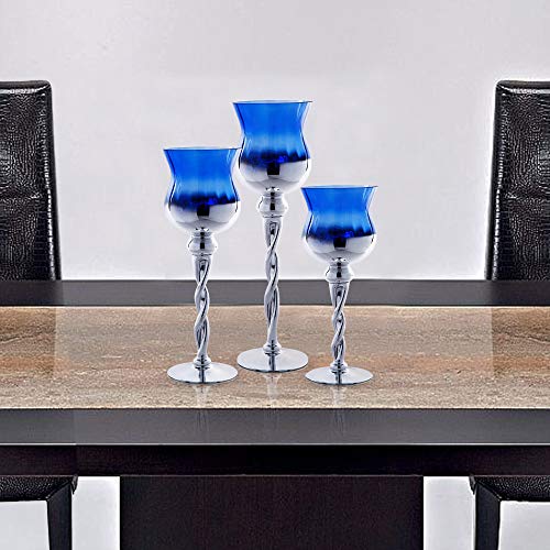 Tulip Hurricane Candle Holders Set of 3, Blue & Silver Glass Twisted Long Stem for Tealight, Votive and Pillar Candles - Home Decor, Wedding Accent, Event or Party Centerpiece - Thumbnail 7