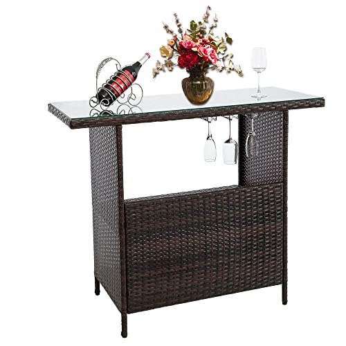 Outdoor PE Wicker Bar Counter Table, Rattan Bar Table with Double