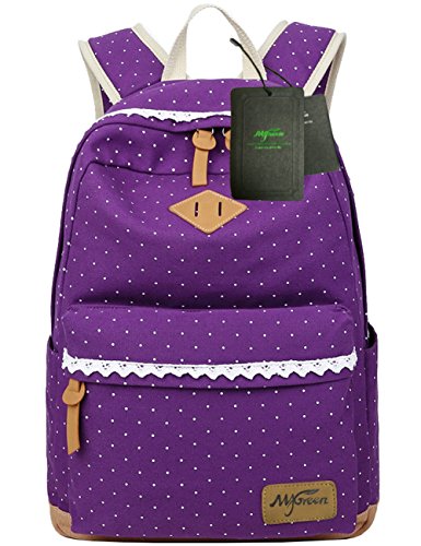 Mygreen Polka Dot Canvas School Backpack Bag, Cute Bookbag for Teen Girls Womens (Medium, Purple Dot)