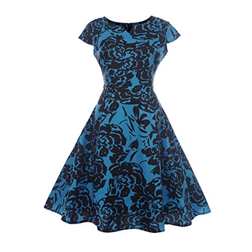 RAISINGTOP Fashion Women Vintage Dresses Graduation V Neck Evening Printing Party Prom Swing Ladies Formal Dress New (Blue, L)