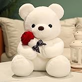 SHAFISH Cute Plush Teddy Bear Stuffed Animal Teddy Bear with Rose Plush Doll Toy Gift for Girlfriend, Party Decoration(White,23cm/9in)