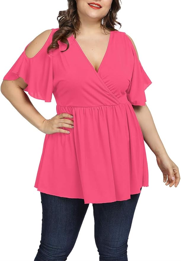 Allegrace Women Plus Size Summer Cold Shoulder Tops Wrap V Neck Flowy Ruffle Sleeve Shirts Dusty 