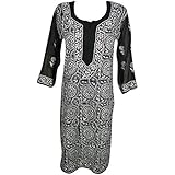 Mogul Interior Women's Long Tunic Top Dress Black Embroidered Georgette Sheer Kurti M