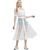 Wodaji Women Sheer Mesh Button Down Shirt Dress with Waist Belt Summer Beach See Through Bikini Cover Up Swimwear