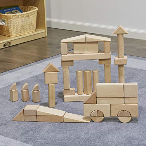 ECR4Kids Hardwood Unit Block Play Set with Canvas Carry Case - Educational Wood Building Block Kit, Natural Finish (64-Piece Set)