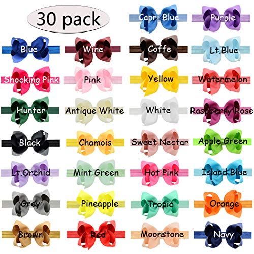 WillingTee 30 Pieces 4.5 Inch Boutique Grosgrain Ribbon Hair Bows Baby Girls Big Hair Bows Headbands for Baby Girls Infants Toddler Kids Teens and Children