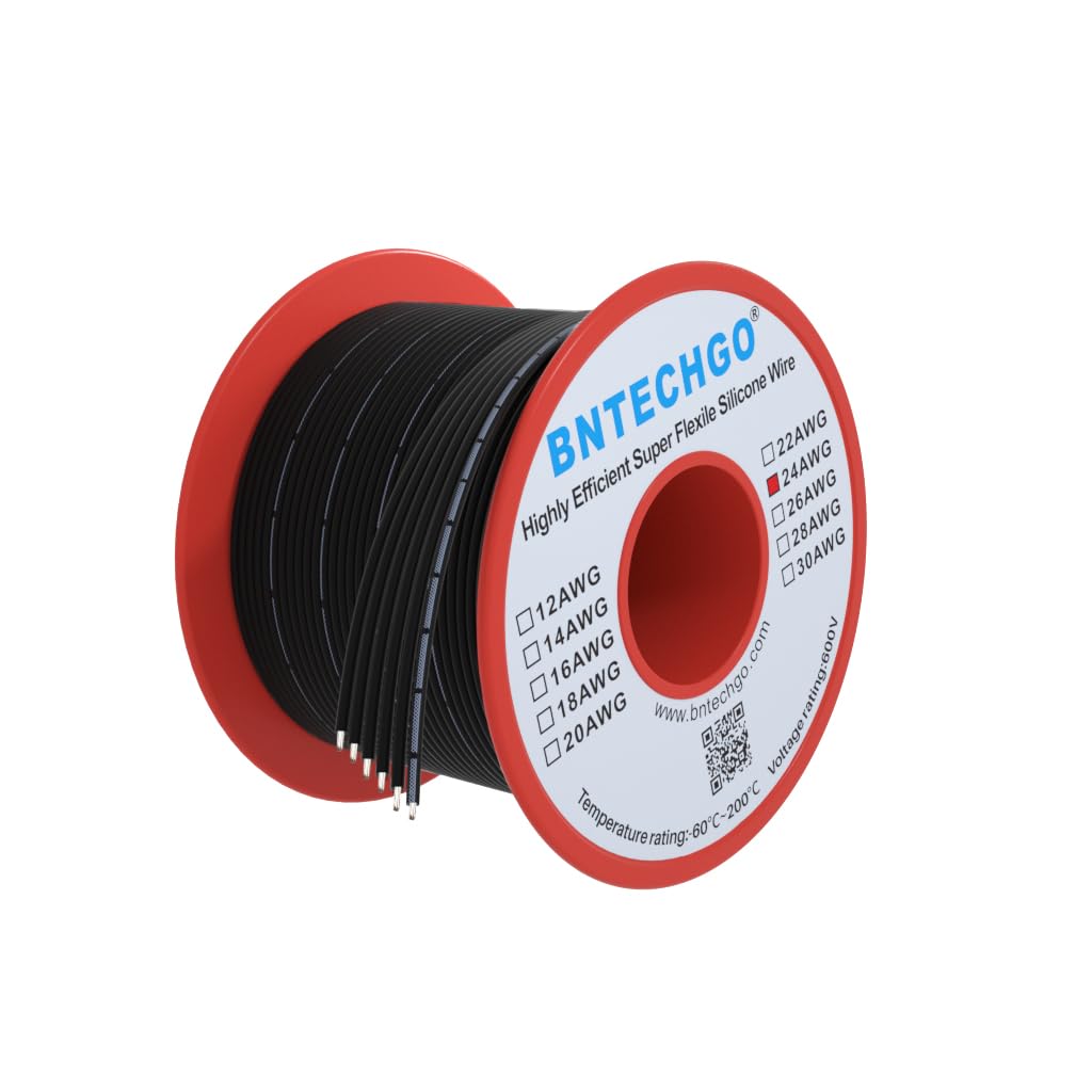 BNTECHGO 24 Gauge Silicone Ribbon Cable Copper Wire 6P Flat Cable 24 AWG Flexible Soft Silicone Rubber Parallel Wire Stranded Tinned Copper Wire 6 Pin Black 25 ft