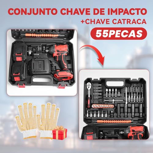 Trailabo Chave de Impacto Elétrica 48V com 2 Bateria, 55 Peças, Alta Velocidade Até 3000 RPM, Furadeira de Impacto Multiuso de 600N com Cabo de Borracha e Carregador, Parafusadeira e Furadeira