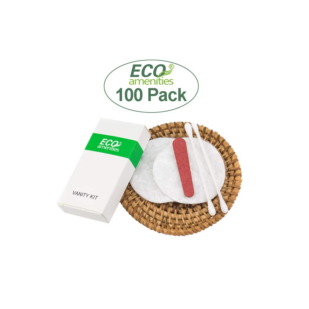 ECO Amenities Hotel Vanity Set – Travel Cotton Pads, Cotton Swabs, and Nail File in Individually Wrapped Paper Box, 100 Sets Per Case – Travel Toiletries