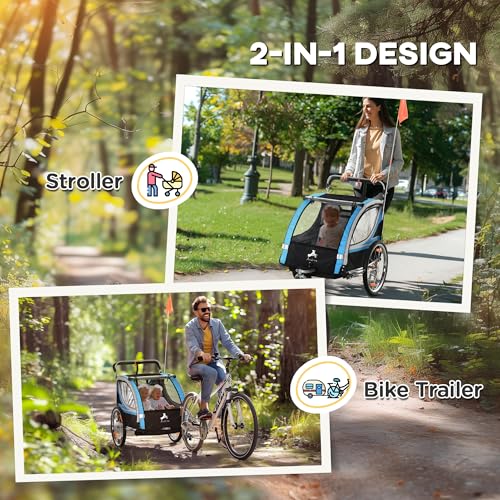 Aosom 2 Seat Bike Trailer for Kids 2-in-1 Double Baby Stroller with Handbrake, Rubber Wheels, 5 Point Harness, Waterproof Cover, Storage Bag, Reflectors