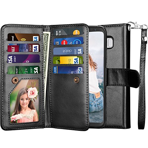 Njjex for Galaxy S8 Wallet Case, for Samsung Galaxy S8 Case, PU Leather [9 Card Slots] ID Credit Card Holder Folio Flip Cover [Detachable] [Kickstand] Magnetic Phone Case & Wrist Lanyard - Black