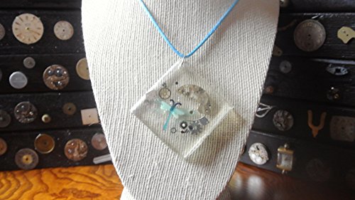 Time is Dragon- Square resin with Watch parts and dragonfly on blue silk chain