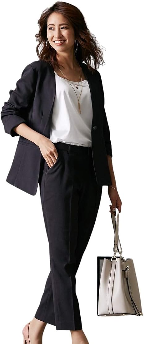 Amazon Nissen ニッセン 洗濯機洗いok 洗える リネンブレンドストレッチパンツスーツ カラーレスジャケット テーパードパンツ レディーススーツ パンツスーツ 通販