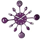 UNIQUEBELLA Metal Kitchen Cutlery Utensil Wall Clock Spoon Fork Home Decor Wanduhr horloge murale Deep Purple