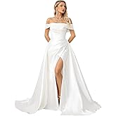 ZHEXUDAI Sleeveless Wedding Dresses for Bride Off Shoulder A-Line Satin Bridal Wedding Gown Bridal Sexy Dress White