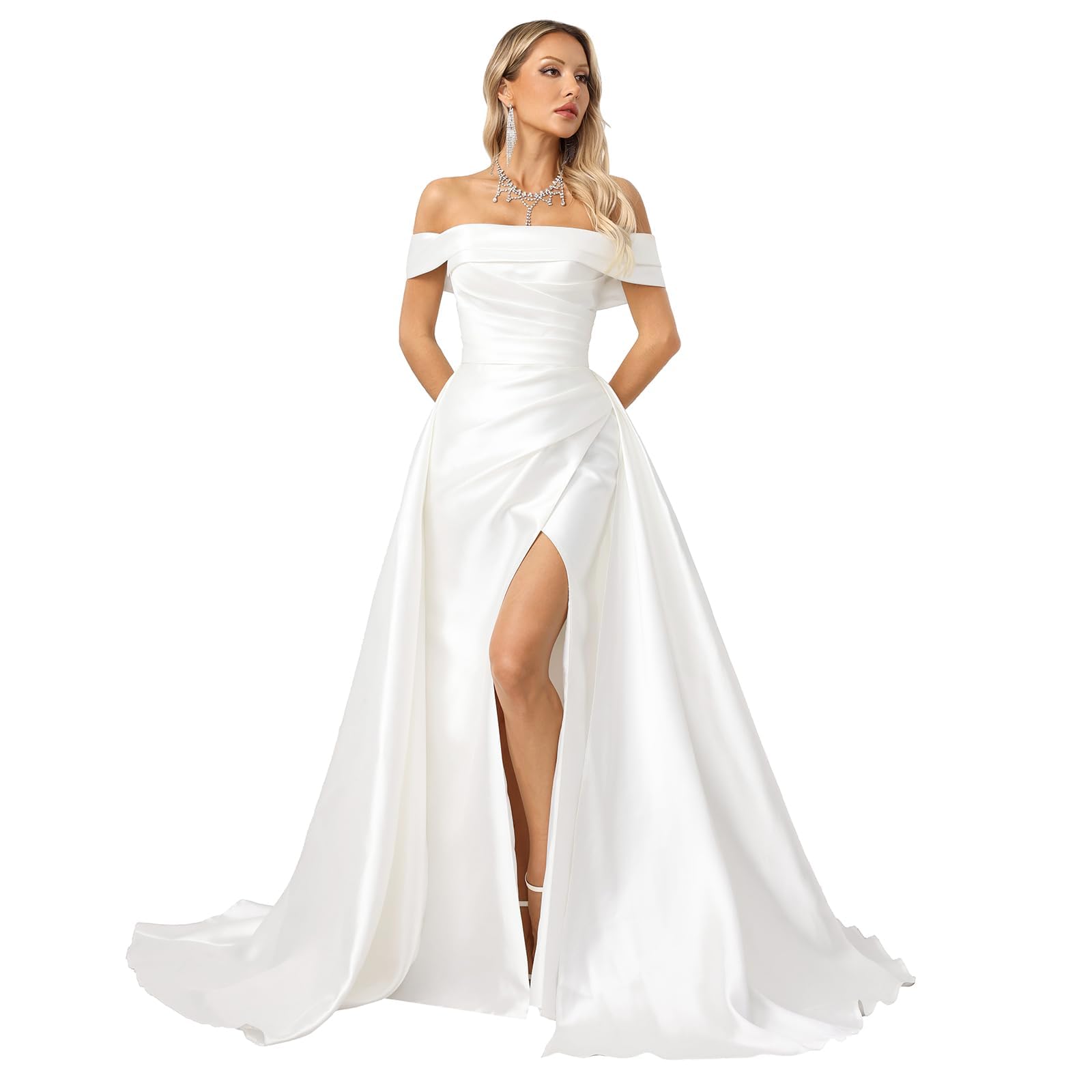 Photo 1 of ZHEXUDAI Sleeveless Long A-Line Satin Dress for Bride Pleated Bust Off Shoulder Bridal Gown Engagement & Wedding Guest High Slit Maxi Dress S White