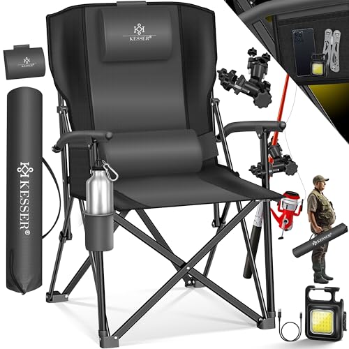 KESSER® Campingstuhl faltbar bis 160 kg | Angelstuhl Faltstuhl Klappstuhl Gepolstert mit Armlehnen | Campinglicht und Getränkehalter + Tasche mit hoher Rückenle